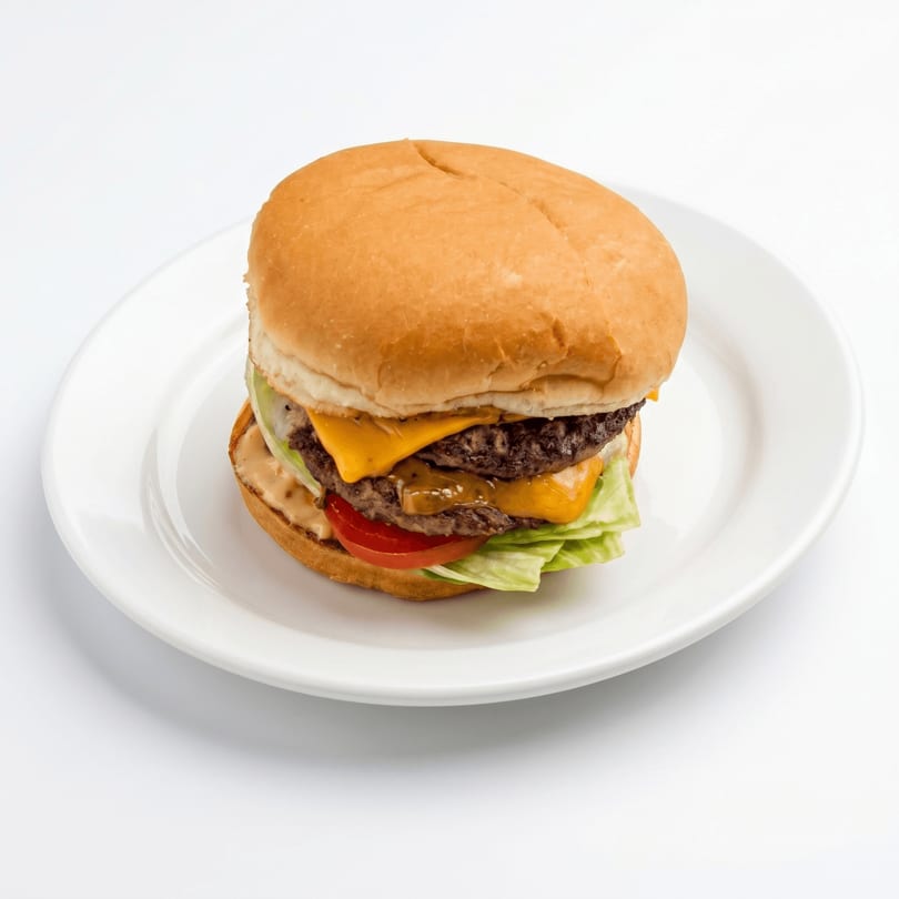 Double cheeseburger with lettuce, tomato, and special sauce on a white plate.
