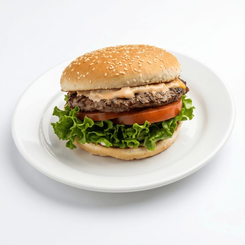 A classic cheeseburger with lettuce, tomato, and special sauce on a sesame seed bun, on a white plate.