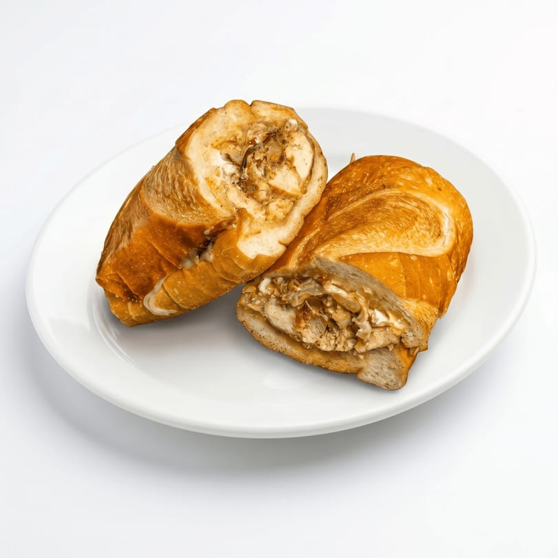 Two halves of a chicken and cheese sub sandwich on a white plate.